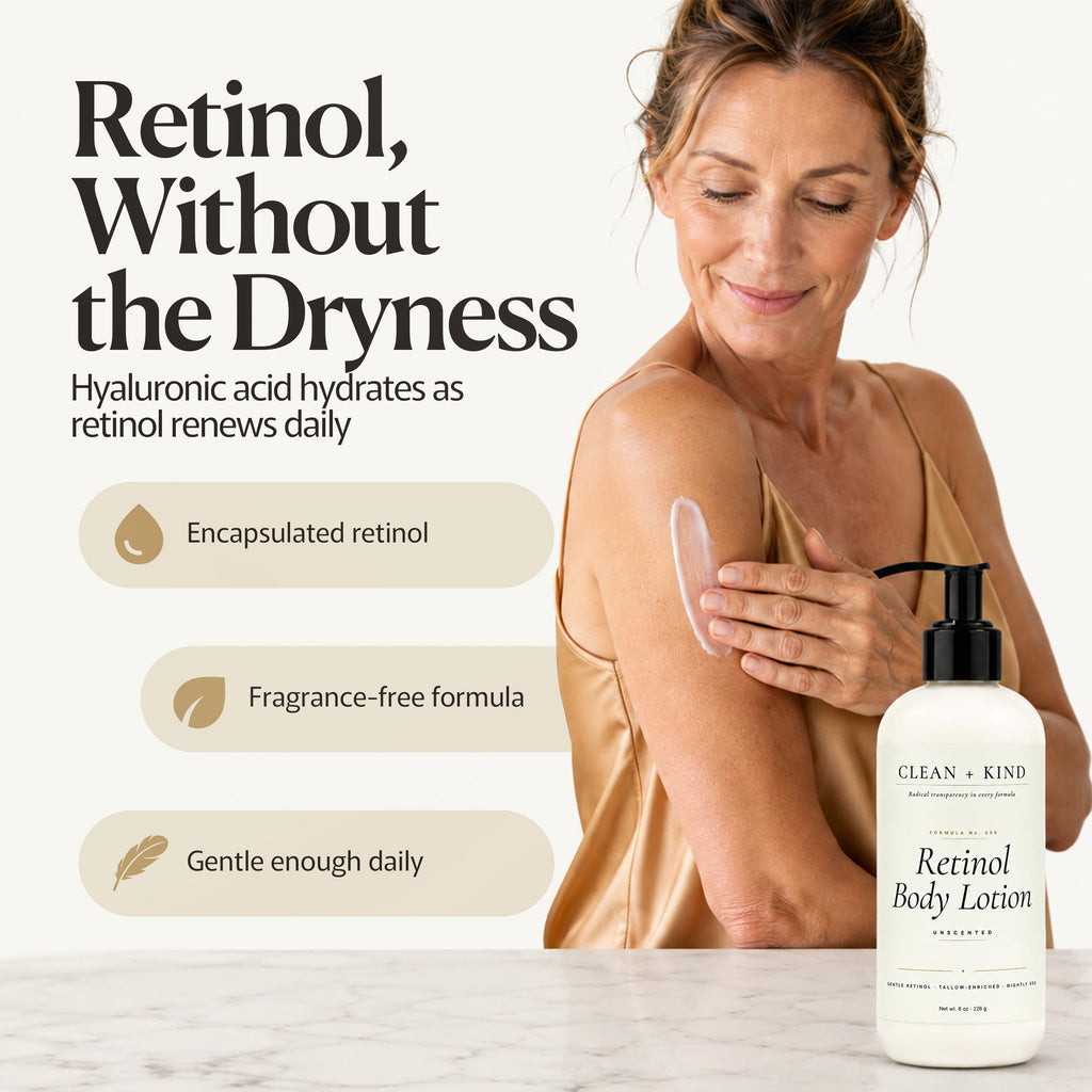 Clean + Kind Retinol Body Lotion, 8 oz — Grass-Fed Tallow, Niacinamide, Shea, Jojoba, & Hyaluronic Acid