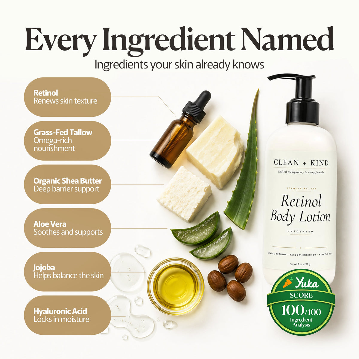 Clean + Kind Retinol Body Lotion, 8 oz — Grass-Fed Tallow, Niacinamide, Shea, Jojoba, & Hyaluronic Acid