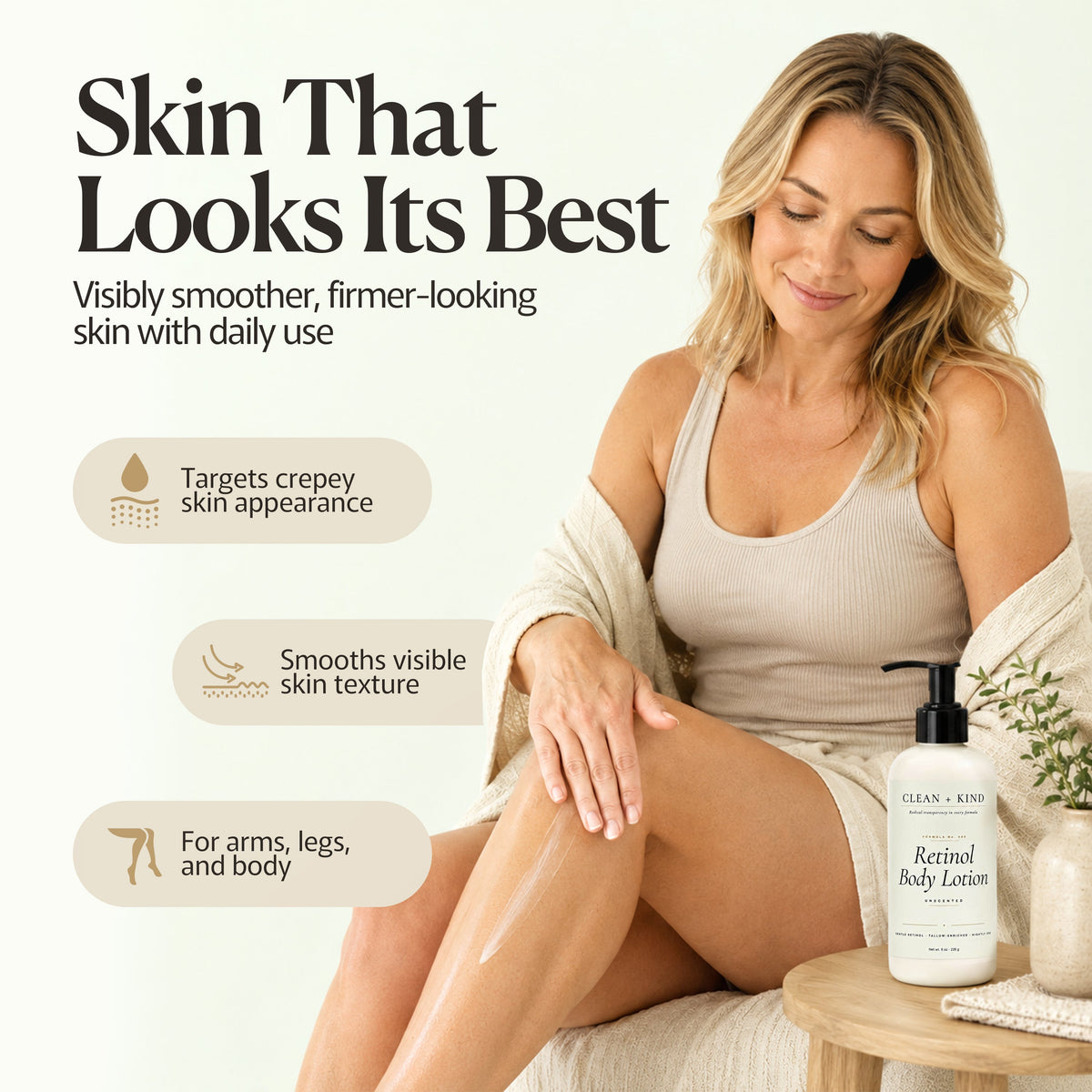 Clean + Kind Retinol Body Lotion, 8 oz — Grass-Fed Tallow, Niacinamide, Shea, Jojoba, & Hyaluronic Acid