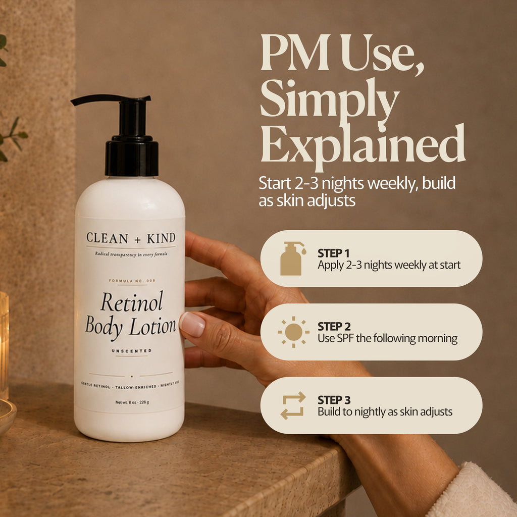 Clean + Kind Retinol Body Lotion, 8 oz — Grass-Fed Tallow, Niacinamide, Shea, Jojoba, & Hyaluronic Acid