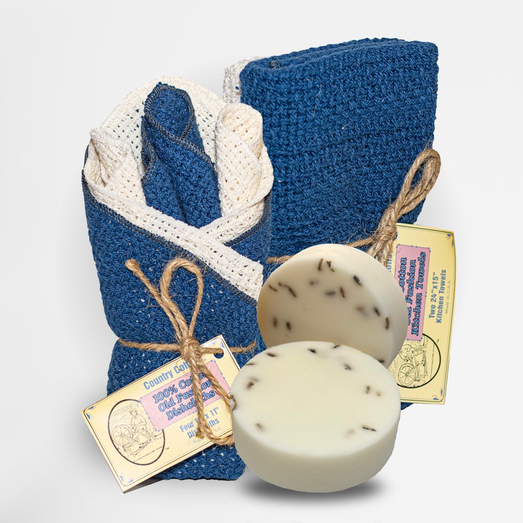 Carolina Cottons Starter Kit 100% Cotton Dishcloth 11" x 11" (4), Kitchen Towel 24" x 15" (2), Dish Soaps (1 Each Scent)