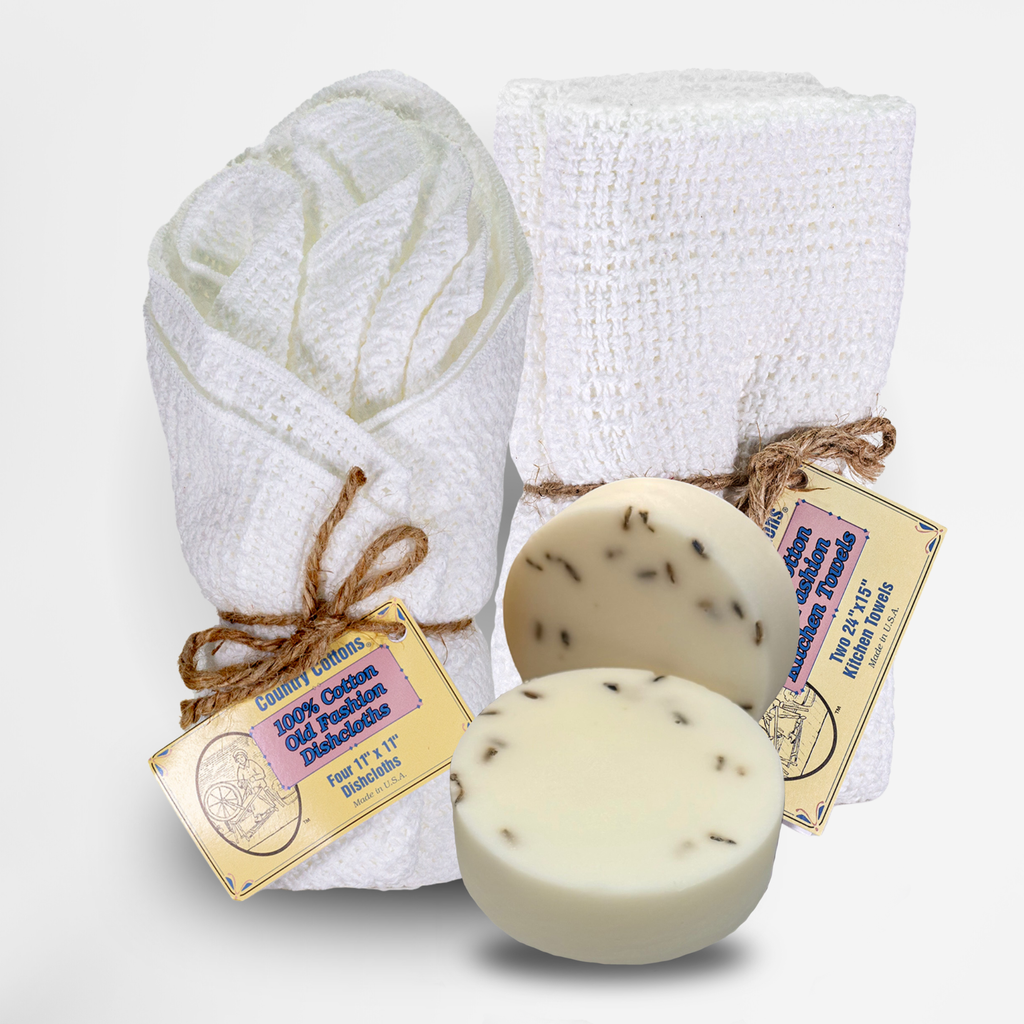 Carolina Cottons Starter Kit 100% Cotton Dishcloth 11" x 11" (4), Kitchen Towel 24" x 15" (2), Dish Soaps (1 Each Scent)