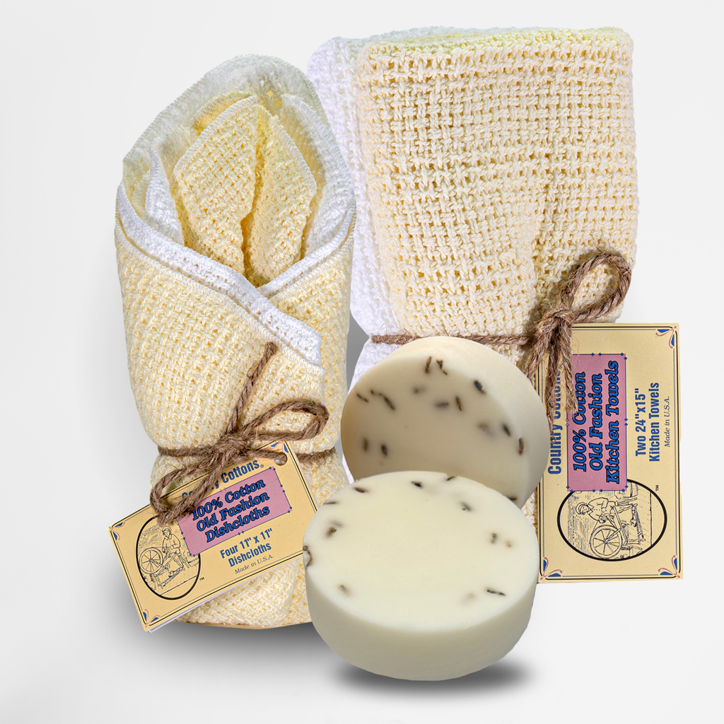 Carolina Cottons Starter Kit 100% Cotton Dishcloth 11" x 11" (4), Kitchen Towel 24" x 15" (2), Dish Soaps (1 Each Scent)