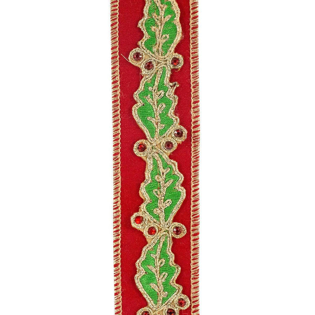1.5in Holly Leaf Jewel Embroidery Ribbon: Red/Green (5 Yards)