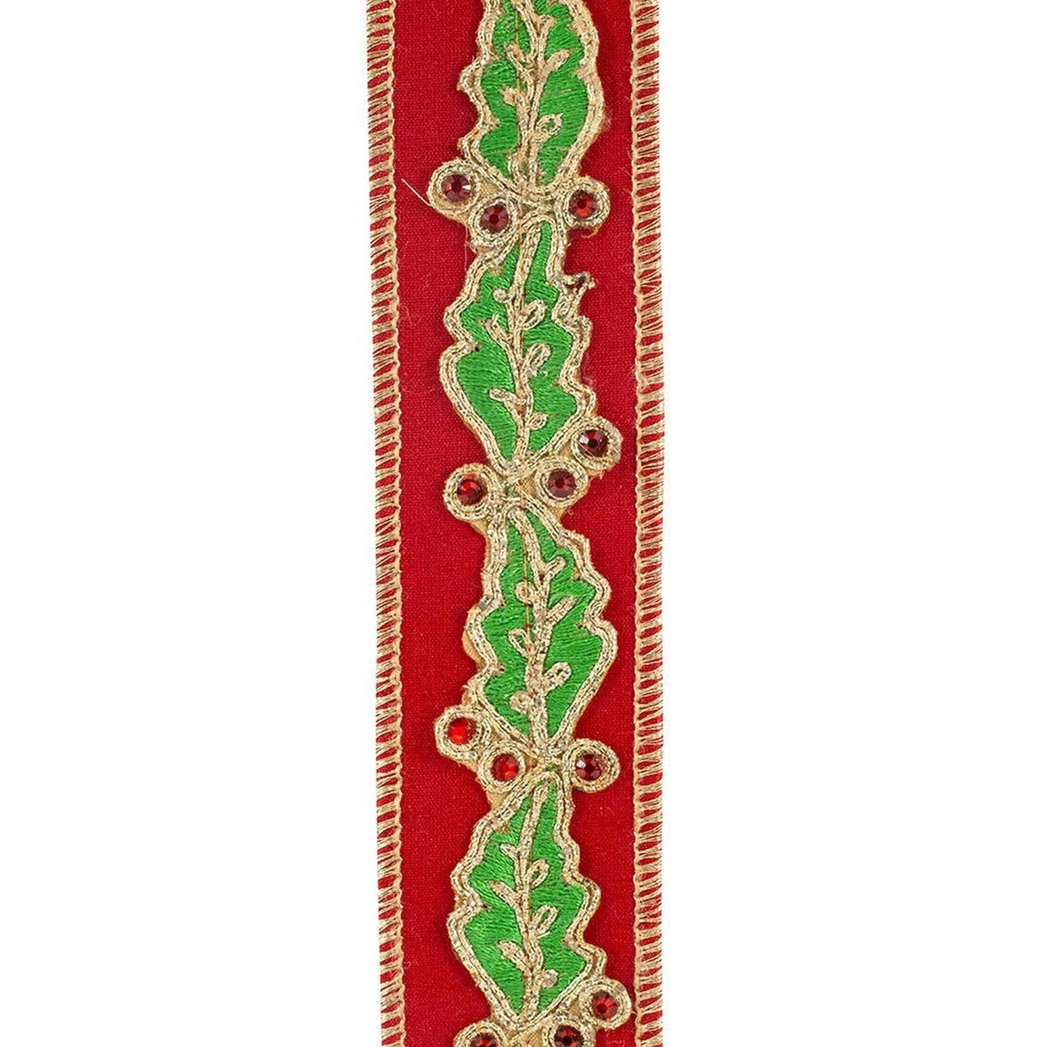 1.5in Holly Leaf Jewel Embroidery Ribbon: Red/Green (5 Yards)