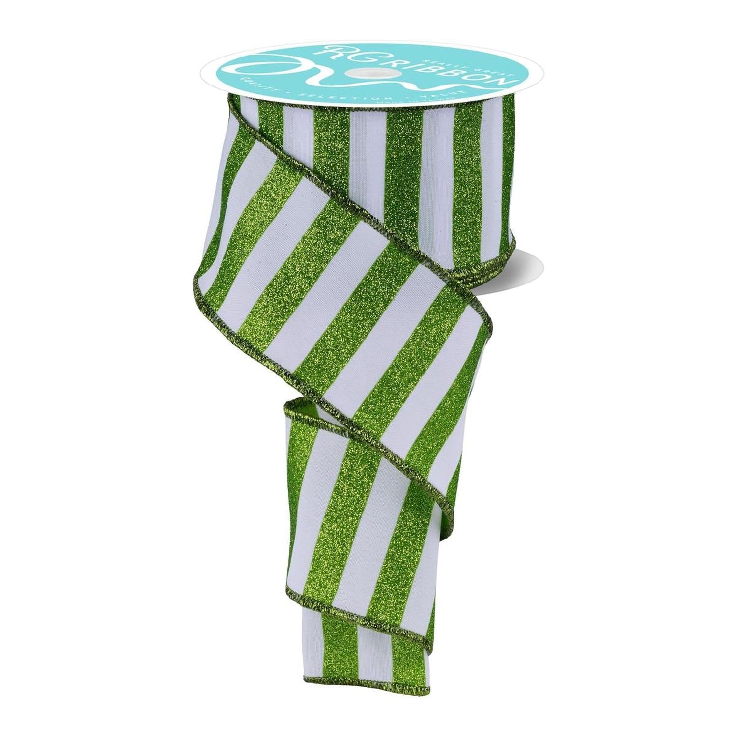 2.5" Horizontal Glitter Stripes Ribbon: Lime & White (10 Yards)