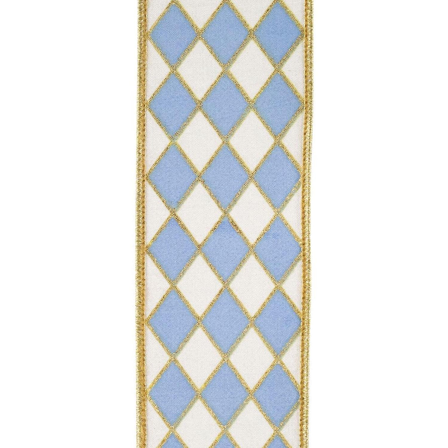 2.5in French Blue Gold Trim Harlequin Ribbon (10 Yards)