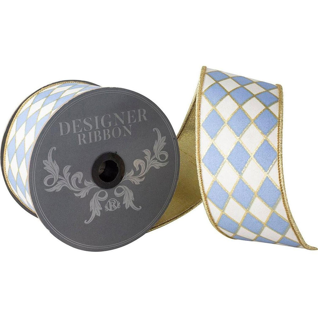 2.5in French Blue Gold Trim Harlequin Ribbon (10 Yards)