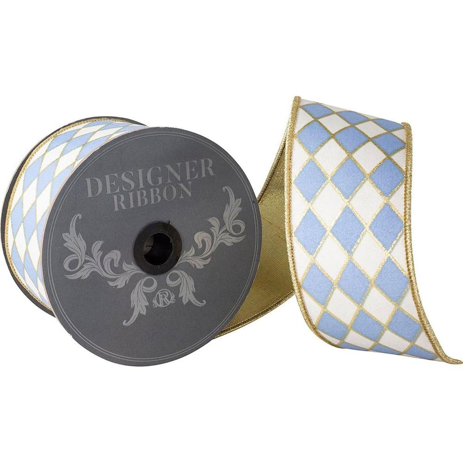 2.5in French Blue Gold Trim Harlequin Ribbon (10 Yards)