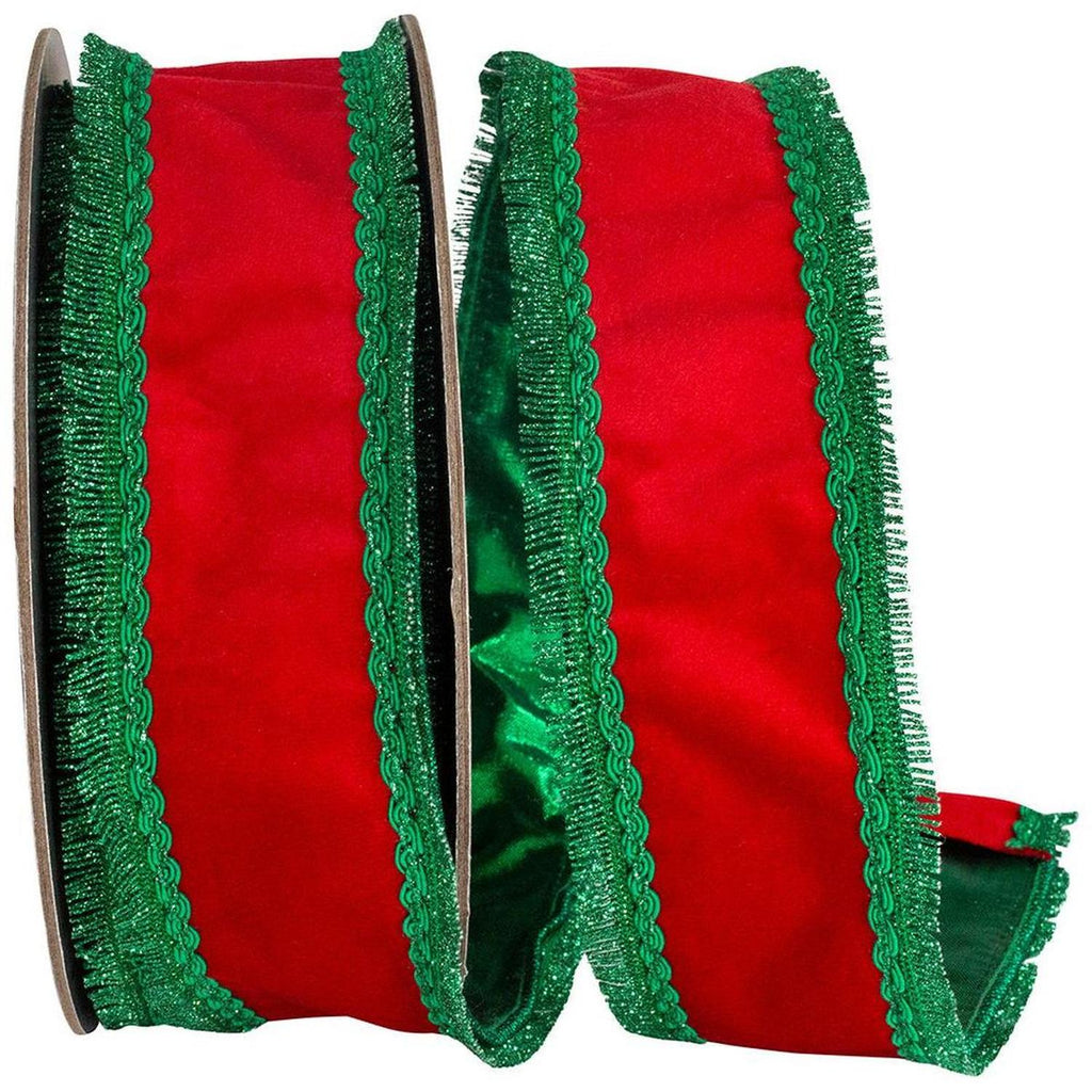 2.5in Opulent Trim Fringe Velvet Ribbon: Red/Green (10 Yards)