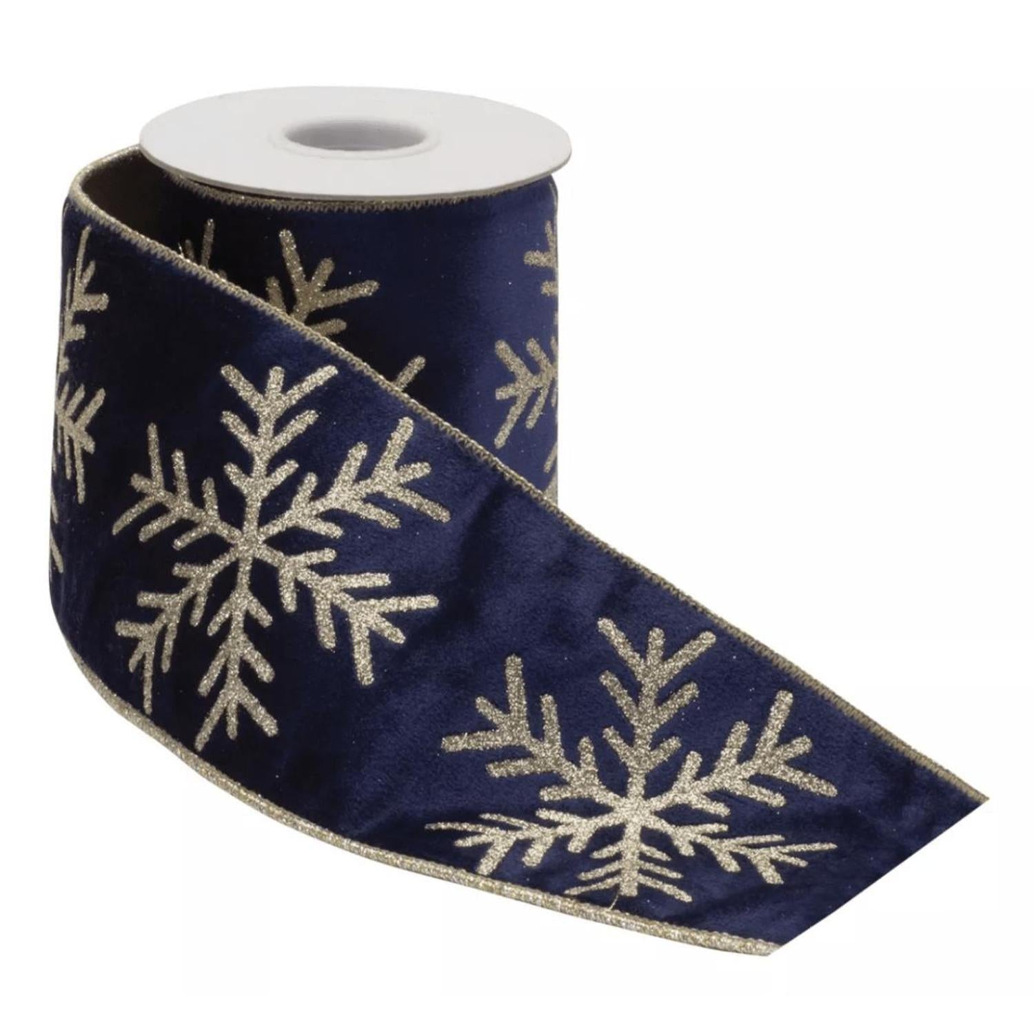 4" Gold Snowflake Ribbon: Blue (5 Yards)
