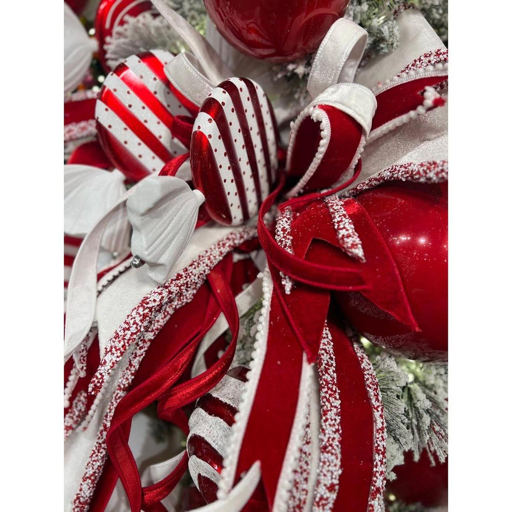 4" White Velvet Sequin Trim Ribbon: White/Red (5 Yards)
