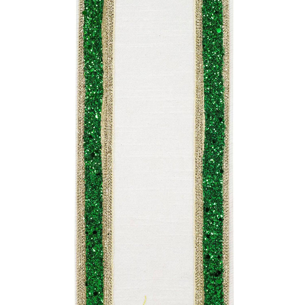 4in Dupioni Regalia Glitter Ribbon: Green/White (5 Yards)
