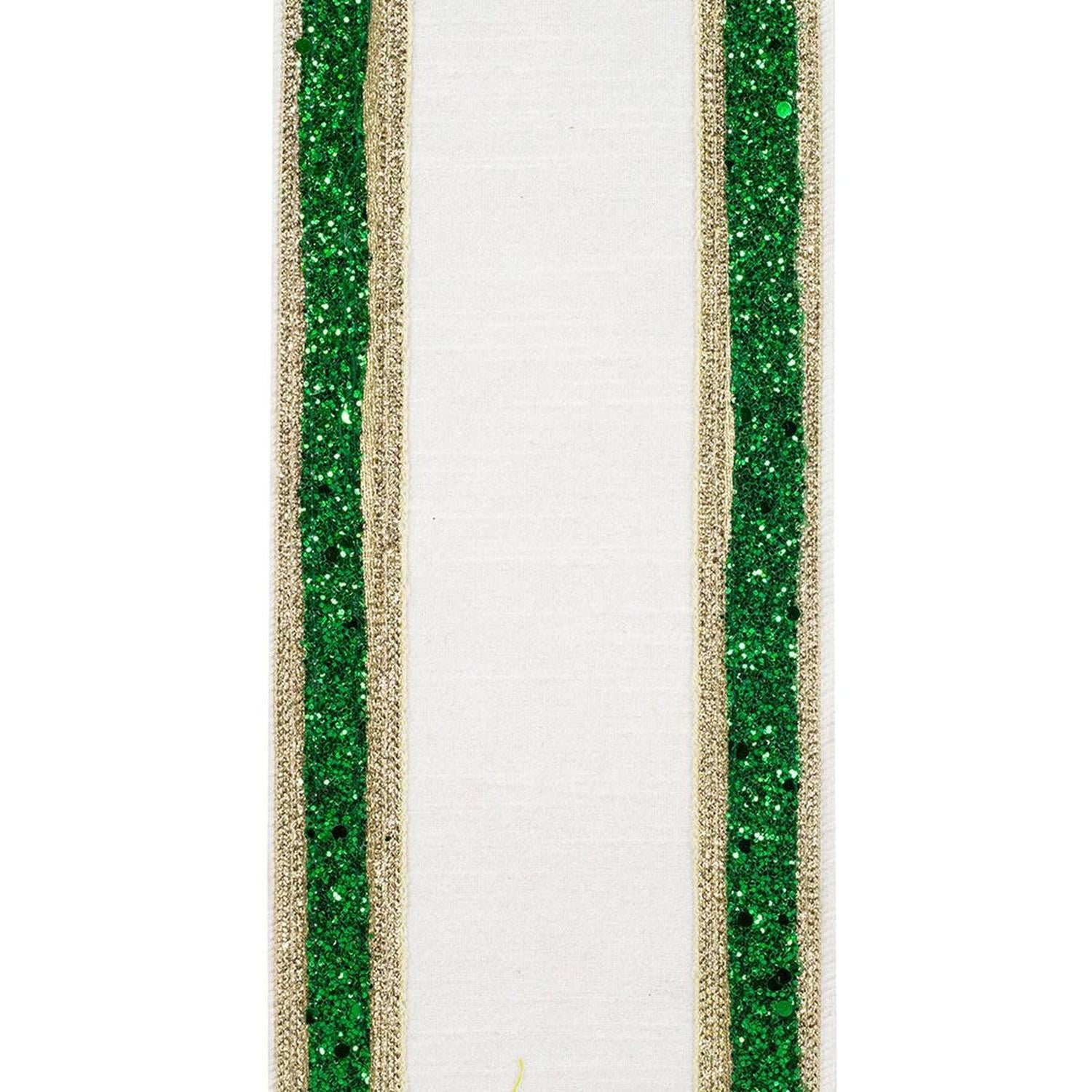 4in Dupioni Regalia Glitter Ribbon: Green/White (5 Yards)