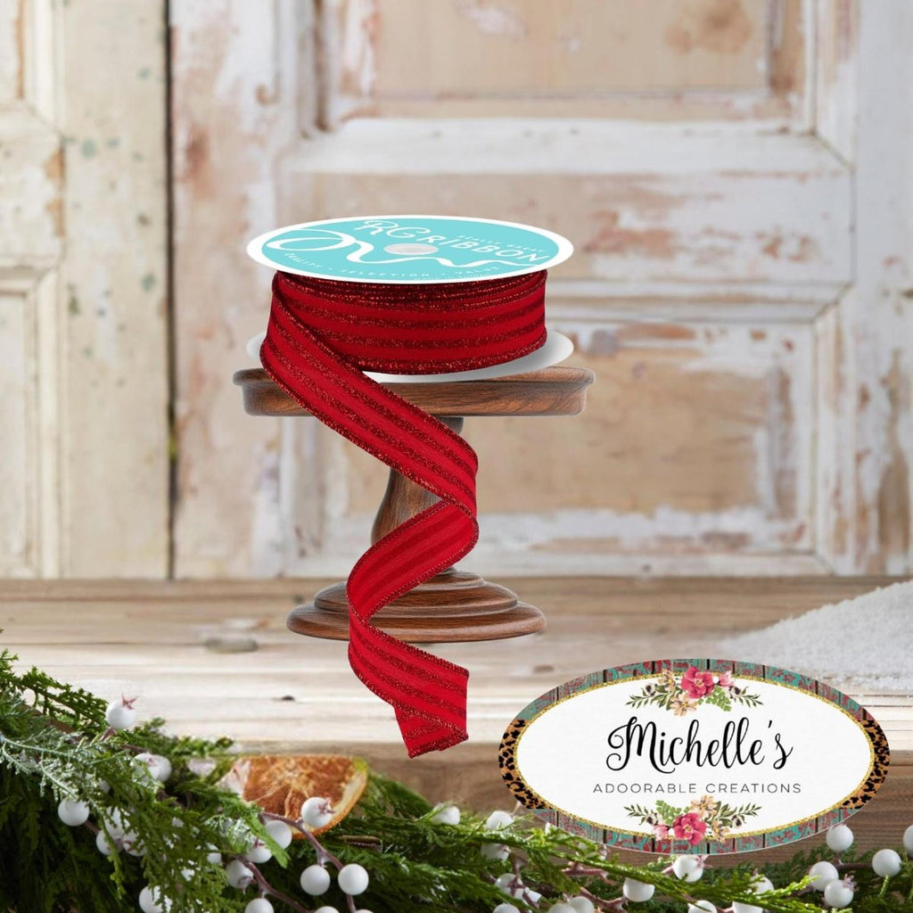 7/8" Glitter Vertical Stripe Ribbon: Red (10 Yards)