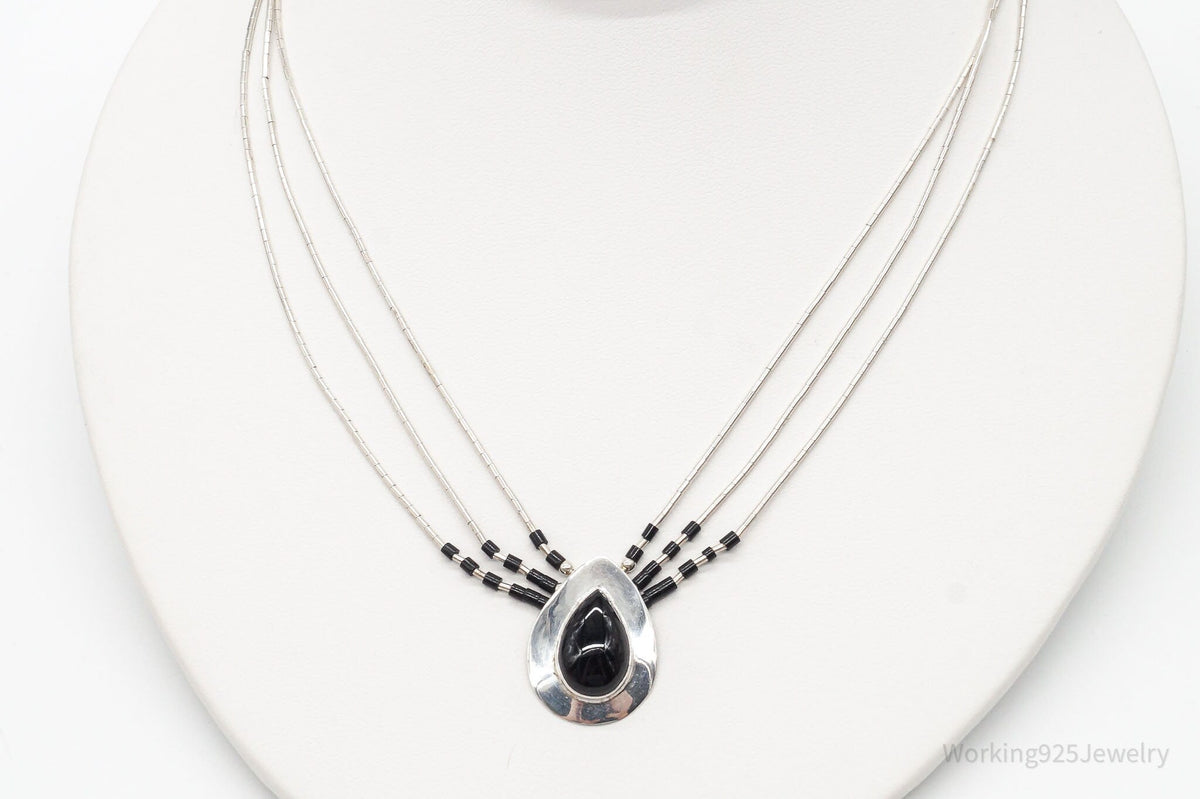 Vintage Native American Black Onyx Beaded Sterling Silver Necklace