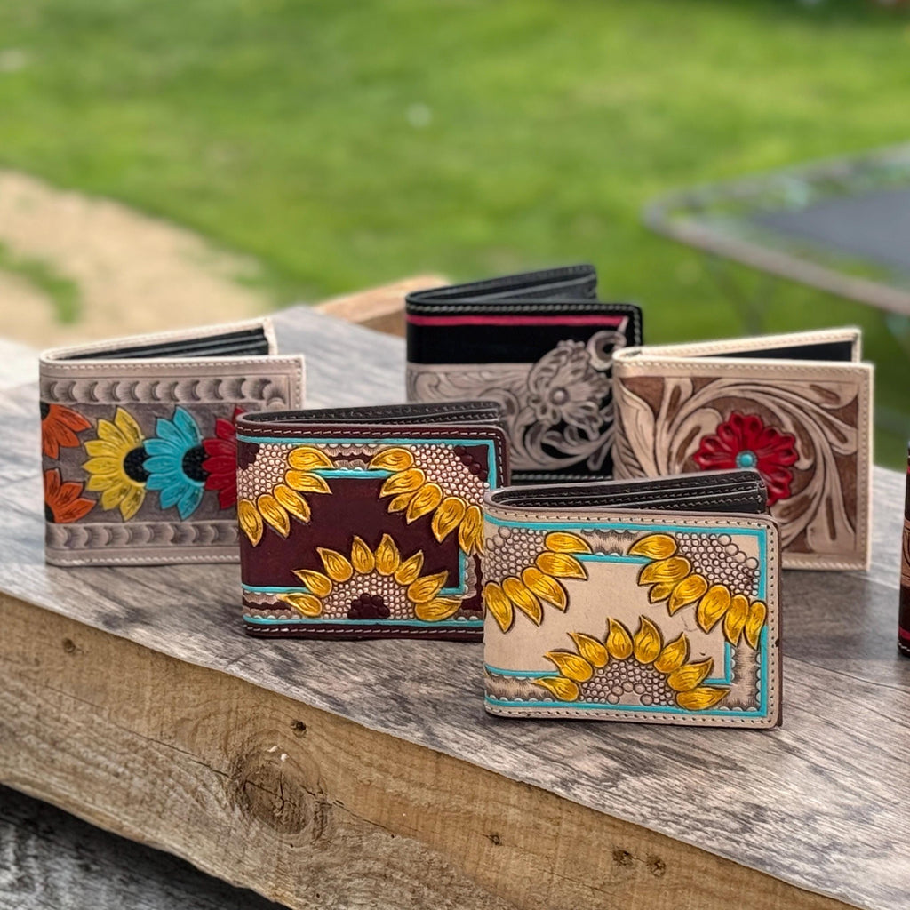 Men's Western bi-fold wallet tooled floral details by Double B Wild Rags