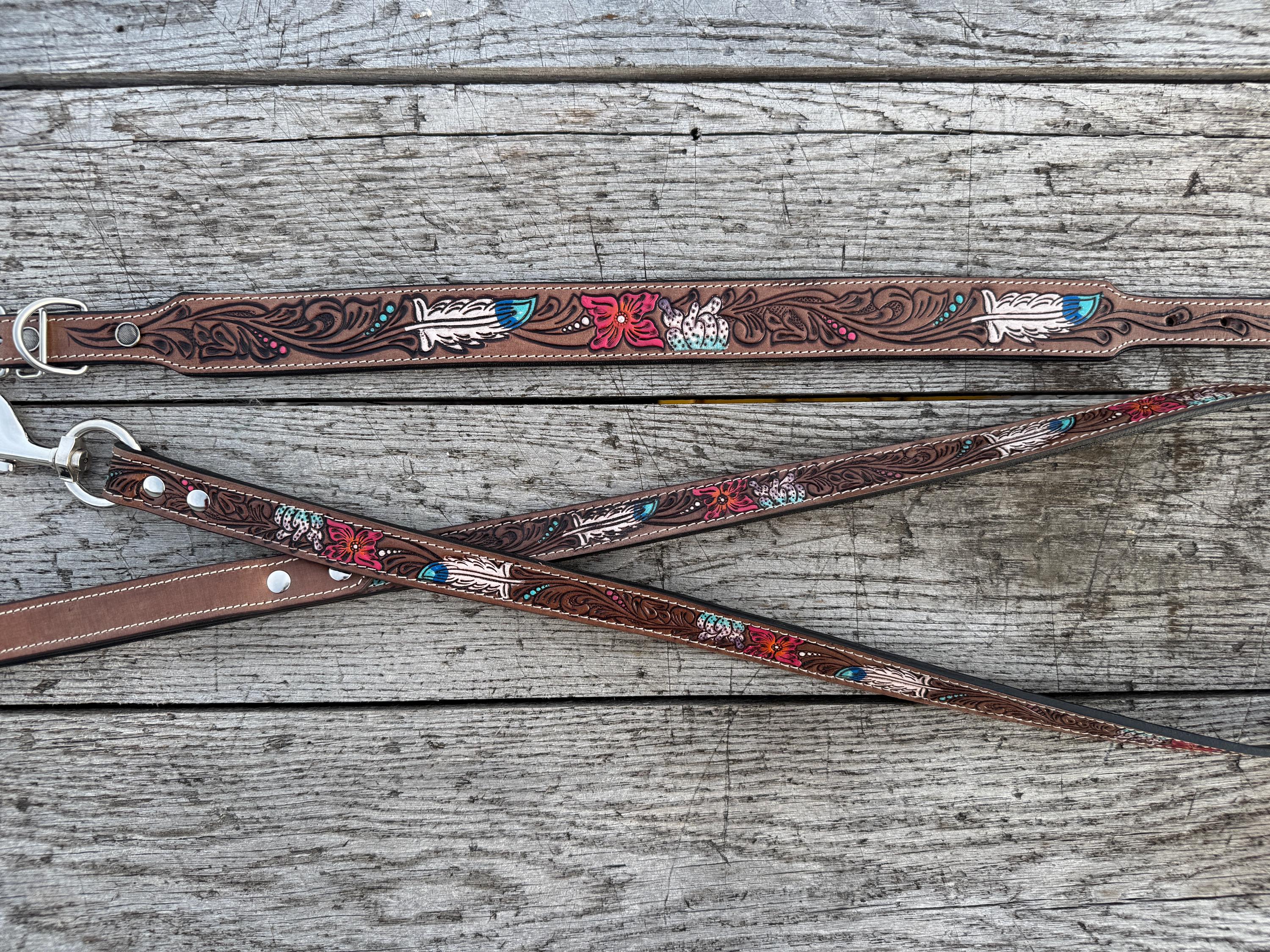 Western Genuine Leather dog collar or leash tooled details of sunflower daisy cactus floral turquoise feather by Double B Wild Rags