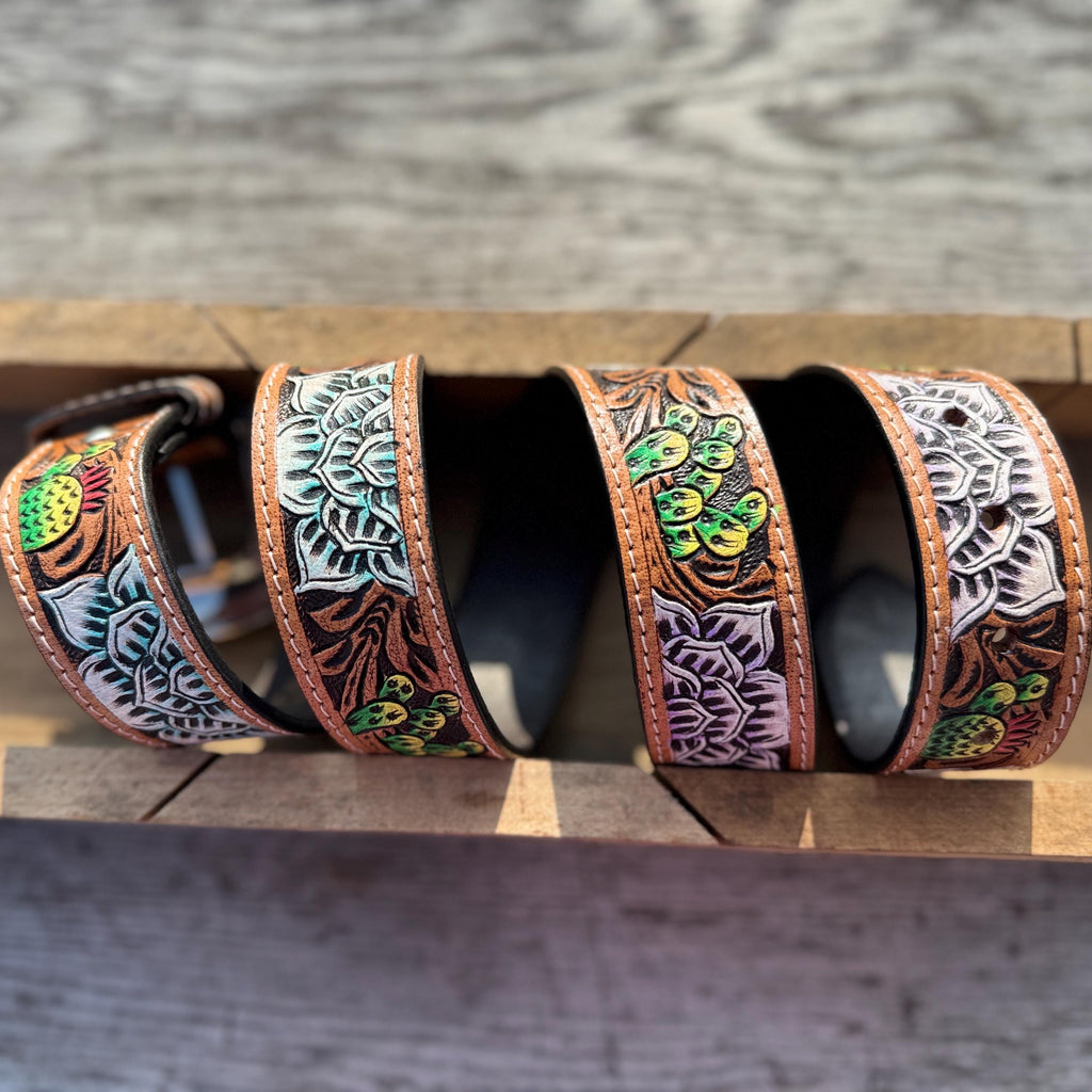 Genuine Leather Western Belt with tooled Succulent Cactus Flowers by Double B Wild Rags
