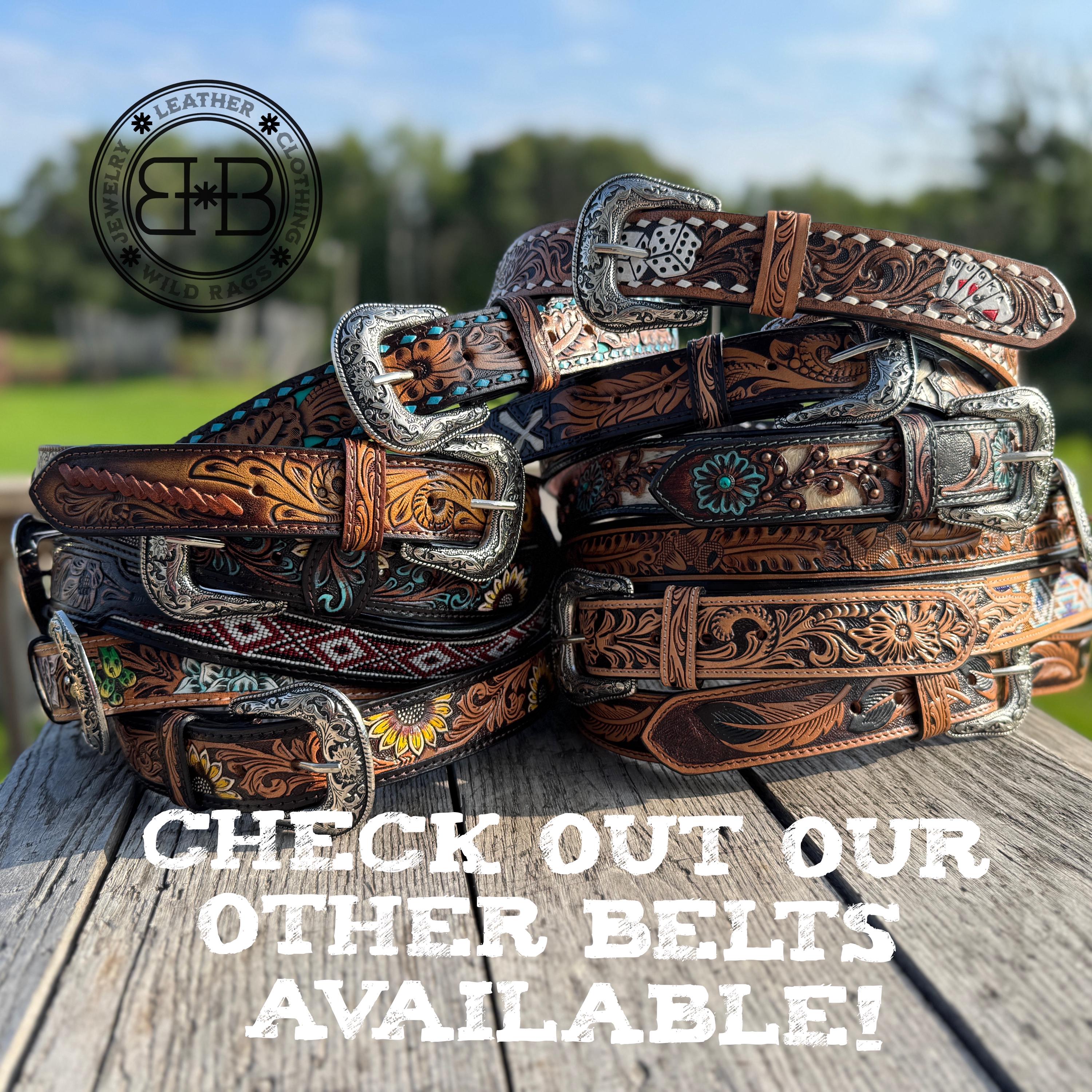 Genuine Leather Mens Western Belt with tooled details