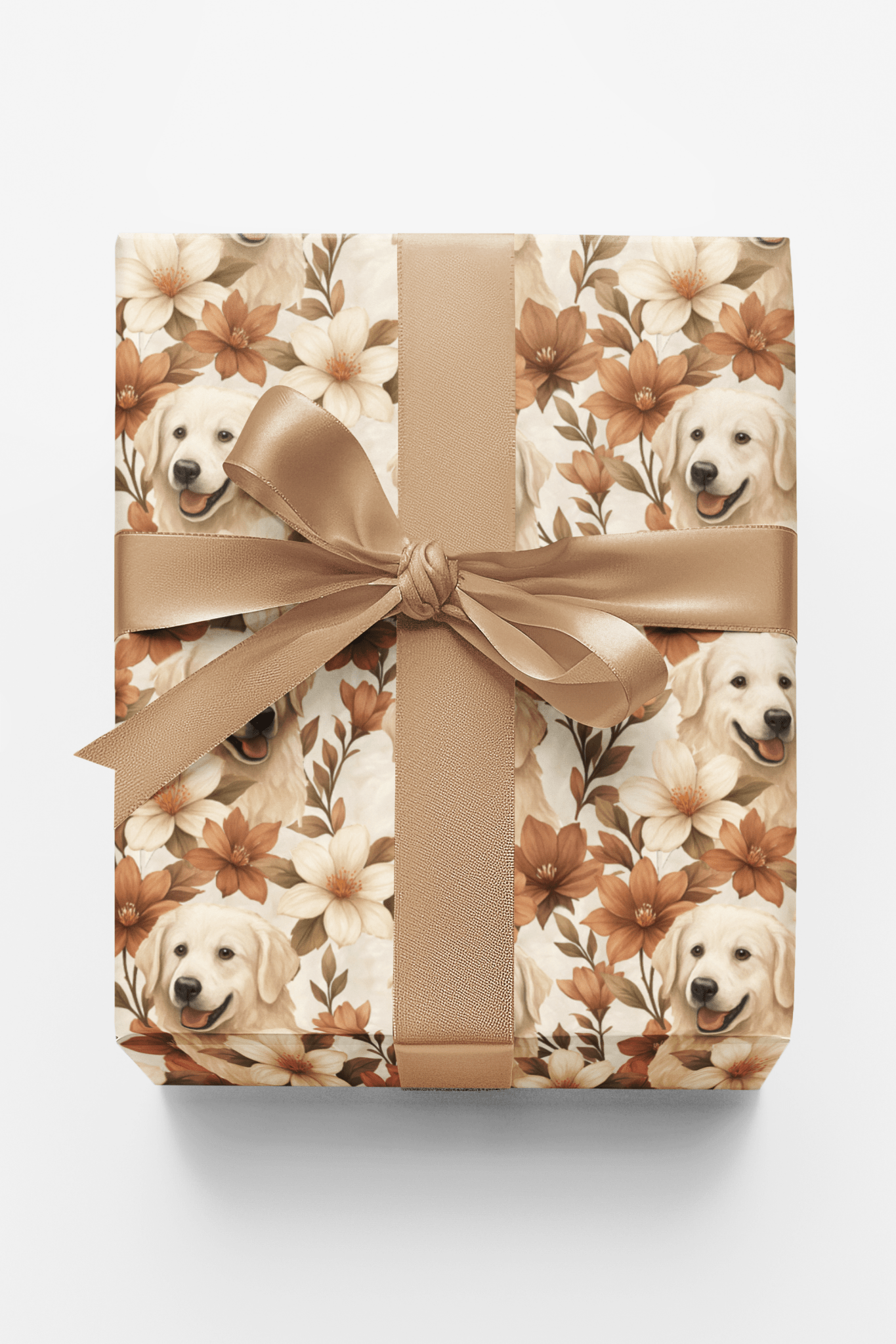 Gift box with floral pattern and dog images tied with a ribbon on a white background